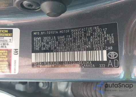 2018 Toyota Corolla Se from USA, damaged, VIN 2T1BURHE2JC967962